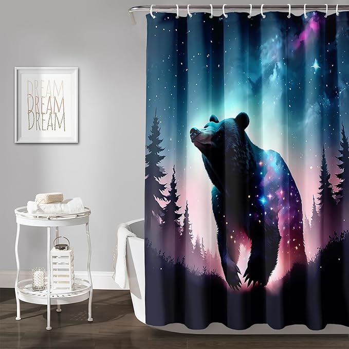 AILONEN 3D Bear Shower Curtain for Bathroom,Evening Starry Black Bear Printed Bath Curtain,Forest Wildlife Decoration Shower Curtain Waterproof 60" W*72" H