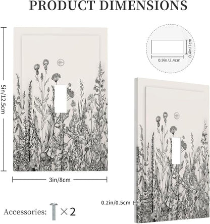 Vintage Grey Floral Herbs Wild Flowers Botanical 1 Gang Boho Light Switch Covers Decorative Country Single Toggle Wall Plate Switchcover Electrical Switchplate for Bedroom Decor