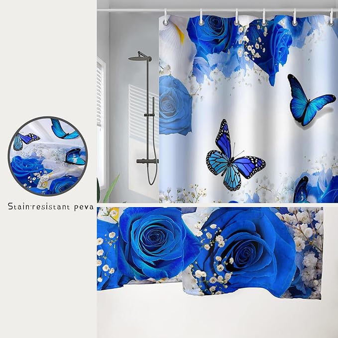 AILONEN Butterfly Shower Curtain for Girl Women,Blue Rose Shower Curtain Butterfly Floral Decor Bath Curtain 72" W*72" H Polyester Fabric Waterproof Bathroom Bathtub Curtain with 12 Hooks