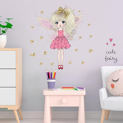 Pink Cute Butterfly Girl Wall decals for Girls Bedroom Princess Gold Stars Kids Room Decor Removable Fairy Stickers Vinyl Wall Murals Peel and Stick for Playroom Classroom Living Room Nursery