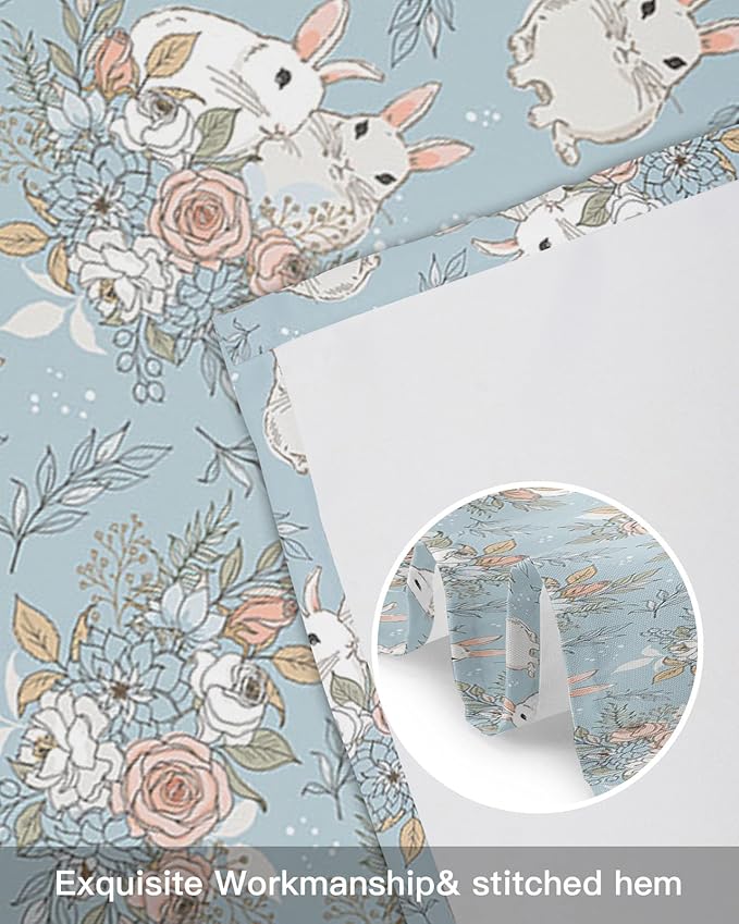 Easter Decor Valances Kitchen Curtains for Windows, Easter Bunny Rabbits Vintage Flowers Spring Holiday Rod Pocket Valances Blue Short Curtains for Bedroom/Living Room,54" X 18" -1 Panel