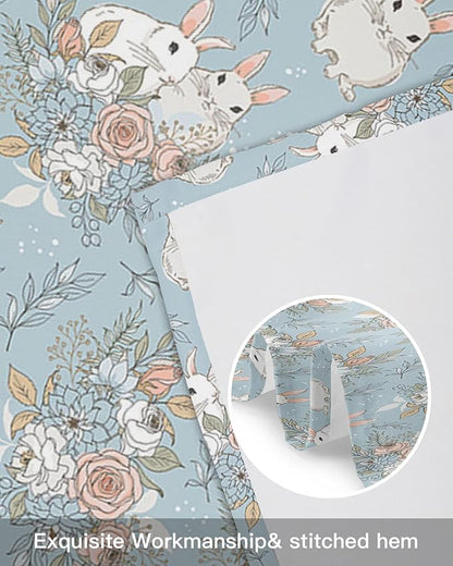 Easter Decor Valances Kitchen Curtains for Windows, Easter Bunny Rabbits Vintage Flowers Spring Holiday Rod Pocket Valances Blue Short Curtains for Bedroom/Living Room,54" X 18" -1 Panel