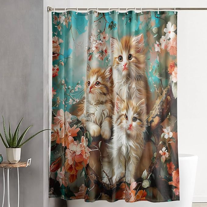 AILONEN 3D Kawaii Cat Shower Curtain Set,Cat Lovers Animal Waterproof Fabric Bath Curtain for Kids Girls Boys,Pink Cherry Blossom Shower Curtains for Bathroom Decor, 72" W*96" H