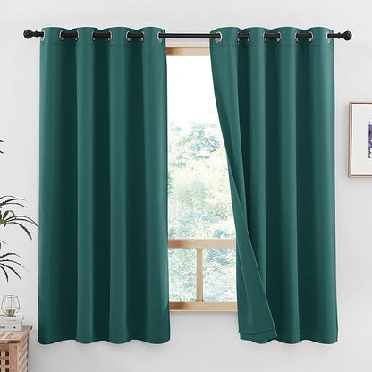 NICETOWN Small 100% Blackout Curtains with Same Color Liners, Thermal Insulated 2-Layer Lined Drapes, Energy Efficiency Window Draperies for Dining Room (Emerald Green, 2 PCs, 52-inch W by 45-inch L)