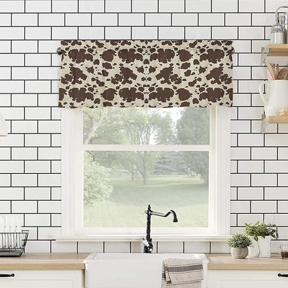 Cow Print Farmhouse Valances Kitchen Curtains for Window, Brown Graffie Print Rod Pocket Valances Beige Short Country Curtains for Bedroom Decor,54" X 18" -1 Panel