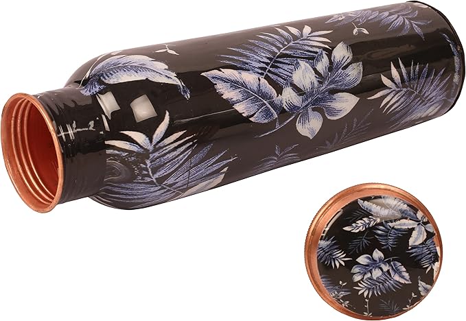 Pure Copper Water Bottle - Handcrafted - Ayurveda health benefits - Large 35 oz - Leak proof - Easy to carry for Sports, Fitness, Yoga, School - Indigo Blue Artistic Petals Motifs Enamel