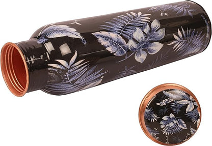 Pure Copper Water Bottle - Handcrafted - Ayurveda health benefits - Large 35 oz - Leak proof - Easy to carry for Sports, Fitness, Yoga, School - Indigo Blue Artistic Petals Motifs Enamel