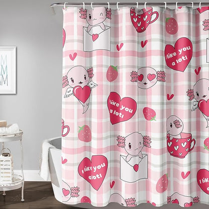 AILONEN Axolotl Shower Curtain Pink Love Hearts Print Bath Curtain Girls Women Adults Strawberry Grid Shower Curtain 72" W*84" H Bathroom Curtain Decor Polyester Waterproof Curtain with 12 Hooks