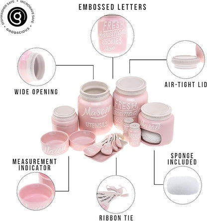 Mason Jar Kitchen Accessories Set - Ceramic Jar with Lid, Measuring Cups & Spoons, Utensil Holder for Stove, and Sponge Holder Ceramic - Vintage Utensil Rest & Condiment Shakers (Pink, 17-Pieces)