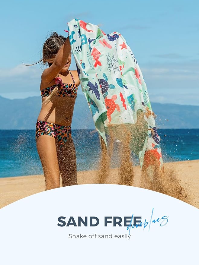 Kids Beach Towel 60''x30'', Quick Dry, Sand Free, Compact, Lightweight, Absorbent, Girls & Boys Large Microfiber Towels for Pool, Swim, Cruise Essentials, Turtle