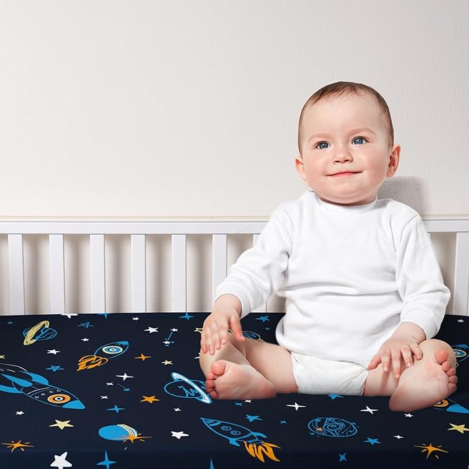 3 Pack Fitted Crib Sheets, Ultra Soft Breathable Comfortable Baby Sheet Set for Boys Girls Neutral, 28x52 Inch Fits Standard Crib and Toddler Mattresses, Space