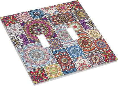 Morocco Talavera Mexican Tiles Printed Colroful Mandala Double Toggle Light Switch Covers 2 Gang Wall Plate Dual Decorative Switchplate Electrical Faceplate for Kitchen Bathroom Bedroom Decor