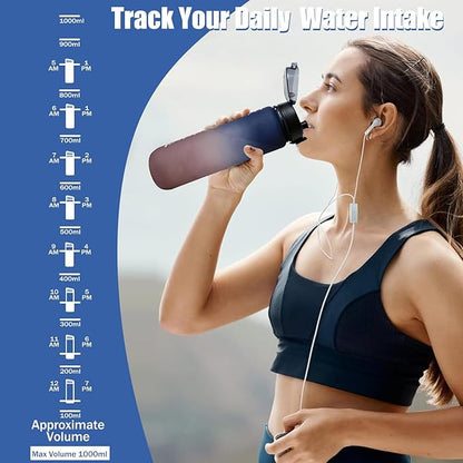 32oz/1L Water Bottle, Sports Water Bottle with Times to Drink & Lock Cover+Strainer,BPA-Free, Leakage Proof, Sports Drink Bottle for Bicycle, Outdoor, Gym, School, Reusable Daily(Blue-Red)