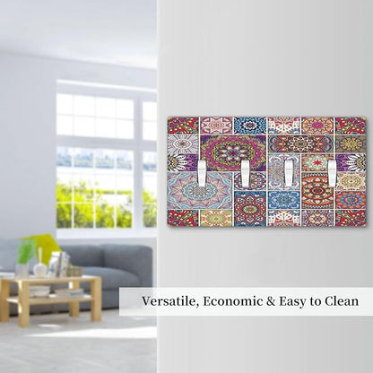 Morocco Talavera Mexican Tiles Printed Colroful Mandala Quad Toggle Light Switch Covers 4 Gang Wall Plate Decorative Switchplate Electrical Faceplate for Kitchen Bathroom Bedroom Decor