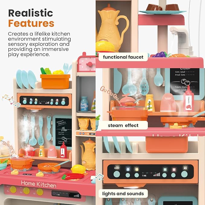 Kids Play Kitchen Set: 27.95 x 11.22 x 36.81 Inches, 65-Piece Toy Set, Functional Faucet, Steaming, Lights and Sound, Educational Toy with Kitchen Accessories, for Kids 3 and Up (Pink)