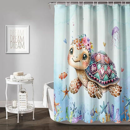 AILONEN Cartoon Sea Turtle Shower Curtain,Kawaii Ocean Sea Turtle Bath Curtain Set for Kids Girls,Ocean Flowers Bathroom Curtains,Watercolor Blue Shower Curtains for Bathroom, 48" W*72" H