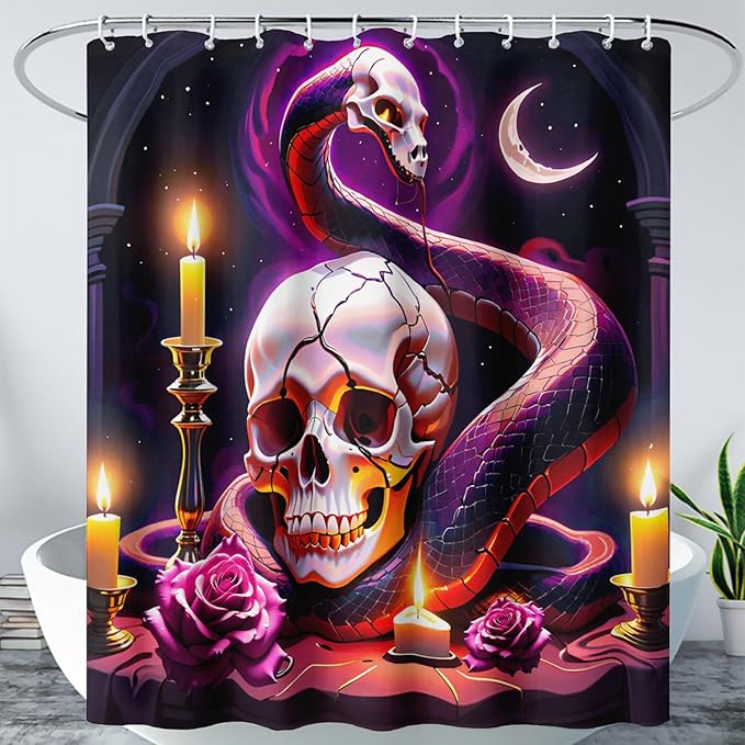 AILONEN Gothic Skull Shower Curtain for Bathroom,Terror Snake Skull Bath Curtain Decoration,Starry Skull Skeleton Print Waterproof Purple Curtain with 12 Plastic Hooks, 60" W*72" H
