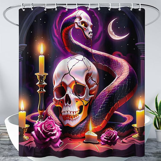 AILONEN Gothic Skull Shower Curtain for Bathroom,Terror Snake Skull Bath Curtain Decoration,Starry Skull Skeleton Print Waterproof Purple Curtain with 12 Plastic Hooks, 60" W*72" H