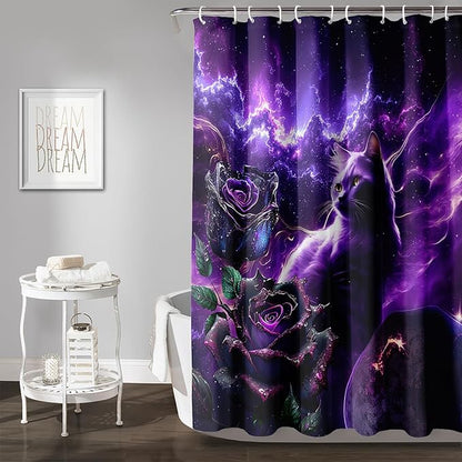 AILONEN 3D Cat Shower Curtain Set, Oil Purple Rose with Black Cat Cloth Bath Curtain for Kids Boys Girls,Boho Starry Night Shower Curtain for Bathroom,60" W*72" H