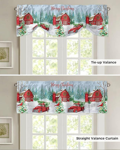 Red Truck Christmas Blackout Tie Up Valance Curtains for Kitchen Windows Merry Christmas Farmhouse Window Toppers Balloon Shades for Living Room/Bathroom/Bedroom,1 Panel, 54" X 18", Winter Xmas Tree