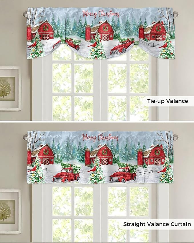 Red Truck Christmas Blackout Tie Up Valance Curtains for Kitchen Windows Merry Christmas Farmhouse Window Toppers Balloon Shades for Living Room/Bathroom/Bedroom,1 Panel, 42" X 18", Winter Xmas Tree