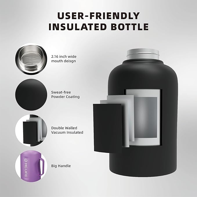 64oz Insulated Water Bottle With Handle, Stainless Steel Thermos With Straw, Water Bottle Holder With Strap, Half Gallon Water Jug, For Water, Iced Tea Or Coffee, On Gym, Black (Purple)