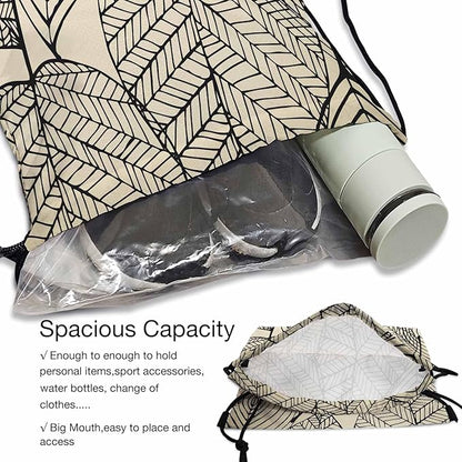 Drawstring Backpack Bag Black Texture Leaf Autumn Beige Seamless Stylized Leaf Pattern Lightweight Backpack Soccer Ball Bag Sutiable for Sports Beach Short Travel Stroage 14x16.9 Inch