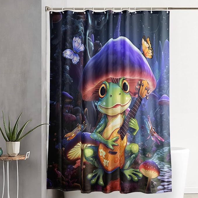 AILONEN Frog Mushroom Shower Curtain,Guitar Frog Amphibious Animal Waterproof Fabric Bath Curtain for Kids Girls,Boho Magic Mushroom Shower Curtain Set for Bathroom with Hooks,72" W*96" H