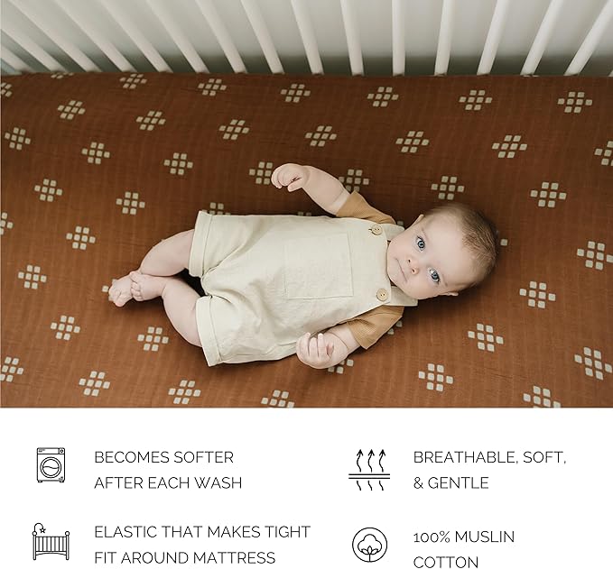 Chestnut Textile Muslin Crib Sheet by Mebie Baby, Soft and Breathable Bed Sheets for Babies, Modern Neutral Bedding for Cribs, Standard Crib Mattress Fitted Sheet,Great For Boy or Girl Room or Nursery