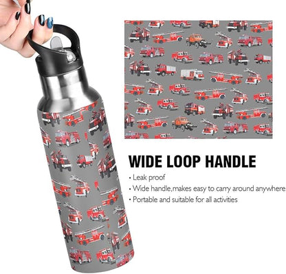 Fire Truck Stainless Steel Water Bottle with Straw Lid - 20 Oz Sports Insulated Water Bottle Thermos for Sport Gym Outdoor Travel School
