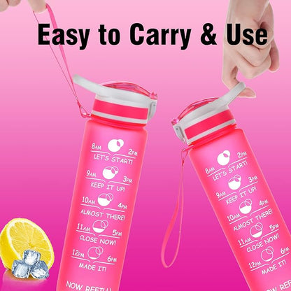Prometheuz 32oz Water Bottle with Straw, Motivational Water Bottle with Time Marker, Water Bottles Leakproof & BPA-Free for Sports, Work and Fitness Pink