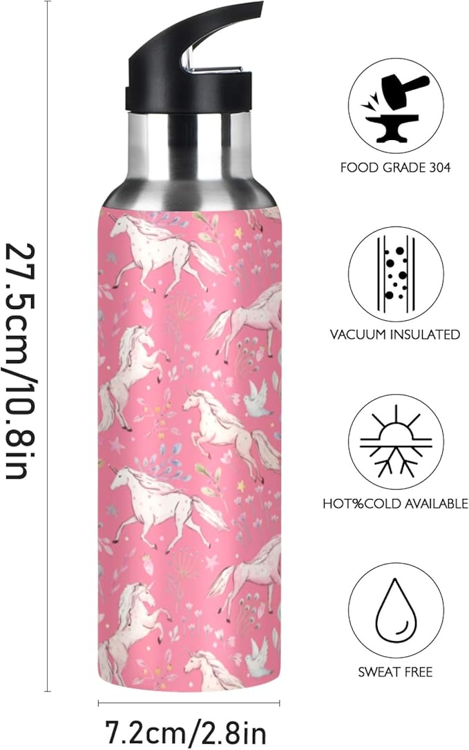 MNSRUU Insulated Water Bottle with Straw, Rainbow and Unicorns Stainless Steel Flasks for Sports Cycling Hiking School