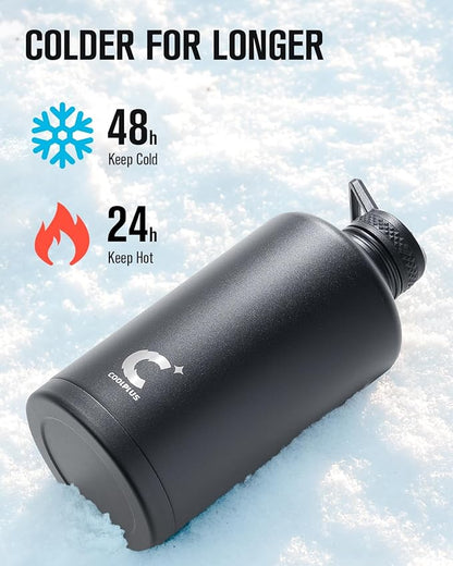 Coolplus Gallon Water bottle insulated with straw, Water Jug 128 oz Stainless Steel Double-Walled Vacuum Metal Large Flask With Carry Sleeve for Sports Gym Ourdoor, Keep Cold 48 Hrs, Black