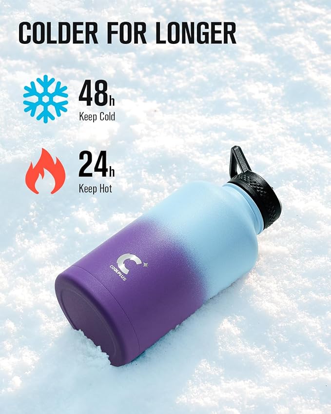 64oz Insulated Water Bottle, Coolplus Half Gallon Water Jug With Straw Stainless Steel Double-Walled Vacuum Metal Large Flask With Carry Sleeve Bpa-Free Leakproof, Keep Cold 48 Hrs, Blue Purple