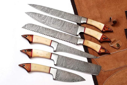 Randy,Custom made damascus steel kitchen/chef's knife set with leather roll bag DR-1061-B-6.