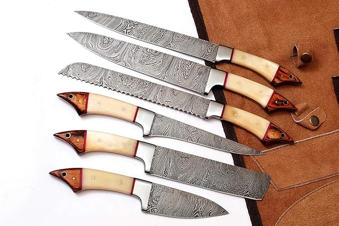 Randy,Custom made damascus steel kitchen/chef's knife set with leather roll bag DR-1061-B-6.
