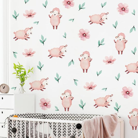 5 Sheets Cartoon Animal Wall Decal Removable DIY Pink Sheep Wall Decal Peel and Stick Flowers and Leaves Wall Stickers Wall Art for Baby Nursery Bedroom Living Room Playroom Decor