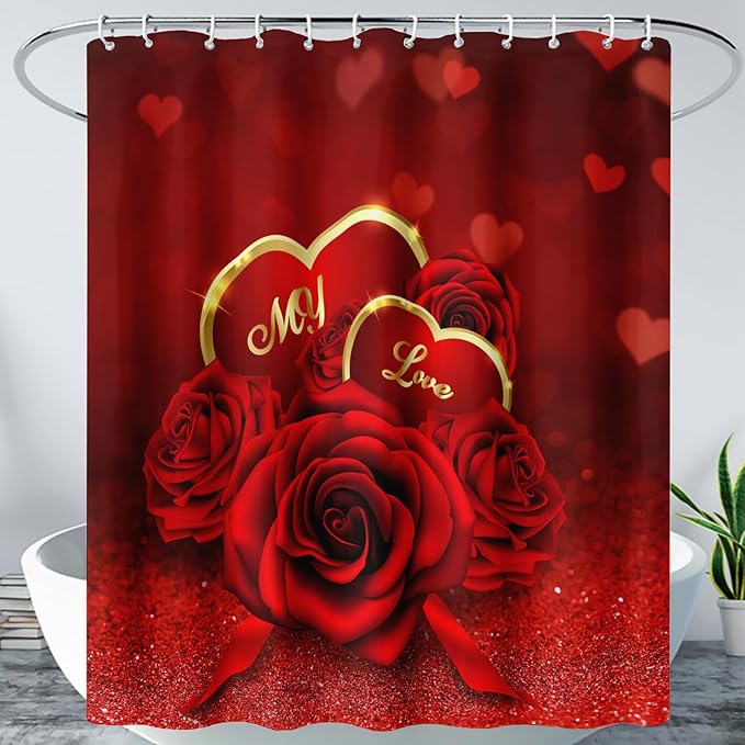 AILONEN Red Rose Shower Curtain for Bathroom, Romantic Flower Rose 3D Printed Valentine Wedding Bathroom Curtain,72" W*96" H Polyester Waterproof Bath Curtain with 12 Hooks