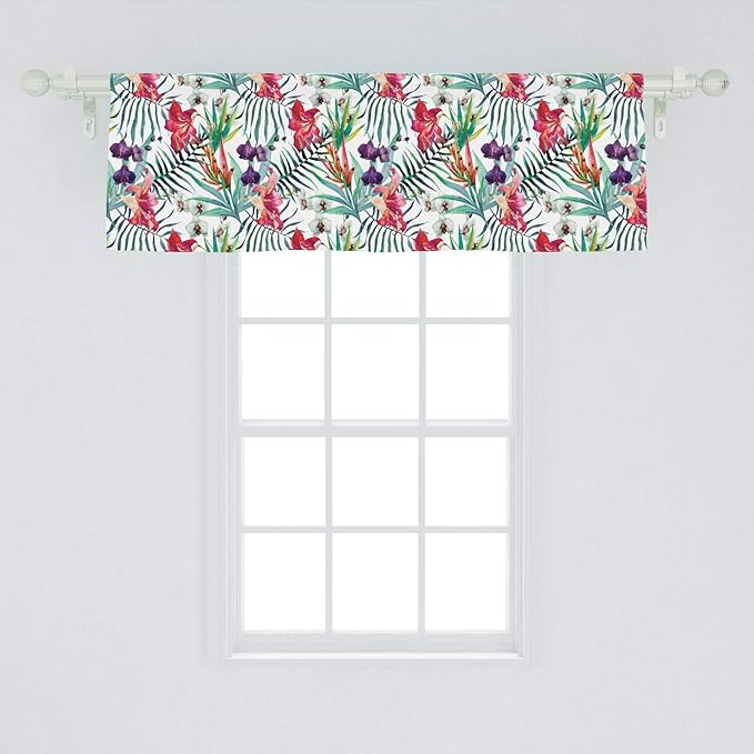 Ambesonne Watercolor Flower Window Valance, Tropical Wild Orchid Flowers with Palm Leaves Print Exotic Style Nature, Curtain Valance for Kitchen Bedroom Decor with Rod Pocket, 54" X 18", Green Red