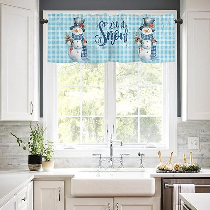 Snowman Christmas Valance Curtains for Kitchen Windows Let It Snow Winter Holiday Rod Pocket Window Treatment Toppers for Kitchen/Living Room/Bedroom/Bathroom, 42" X 12", Blue White Buffalo Plaid