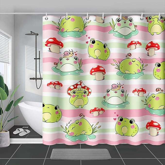 AILONEN Cute Frog Shower Curtain, Cartoon Mushroom Frog Printed Shower Curtain, 48" W*72" H Waterproof Green Wild Animals Kawaii Curtain with Grommets and 12 Hooks