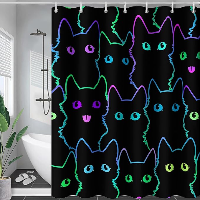 AILONEN Cute Cat Shower Curtain for Bathroom,Gradient Line Kawaii Kitten Bath Curtain for Kids Boys Girls,Color Cartoon Animal Polyester Waterproof with 12 Plastic Hooks 72" W*78" H