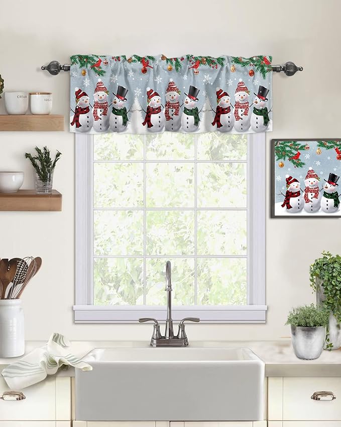 Christmas Kitchen Curtains Valances for Windows Snowman Cardinal Rod Pocket Window Treatment for Kitchen/Living Room/Bedroom/Bathroom,42" X 12" -1 Panel, Bluish Grey Winter Holiday