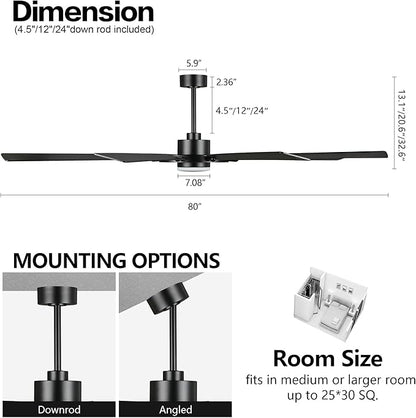 80" Ceiling Fan with Lights and Remote Control, Wood 8 Blades 6-Speed Noiseless Reversible DC Motor, 3 Downrods, Modern Large Indoor/Outdoor Ceiling fan for Patio Bedroom Dining Living Room, Black