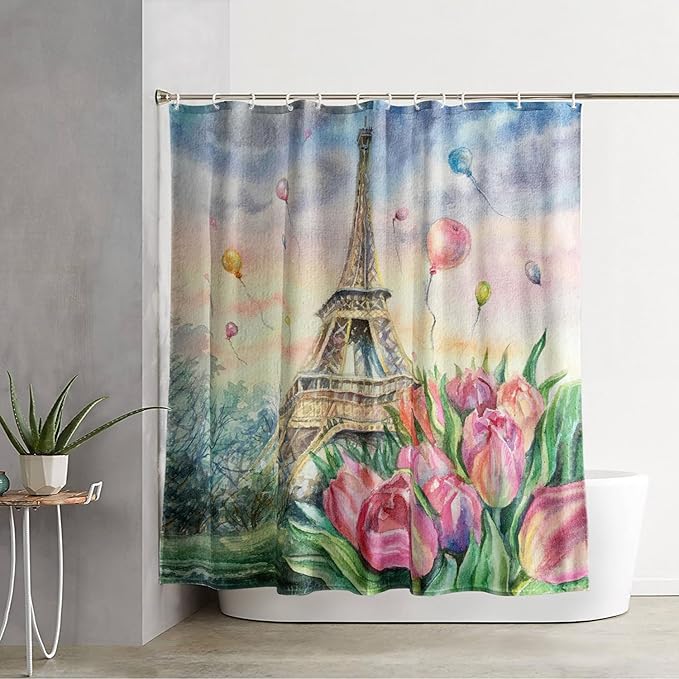 AILONEN Eiffel Tower Shower Curtain,Fantasy Tower Bathroom Fabric Shower Curtain for Girls Kids Teens, 48" W*72" H Flower Balloon Paris Tower Watercolor Theme Bathroom Decor
