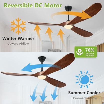 52 Inch Ceiling Fans with Lights and Remote Control, Outdoor Ceiling Fan with Light High cfm Solid Wood Modern Ceiling Fans Propeller DC Motor for Indoor Bedroom Living Room, Dark Walnut