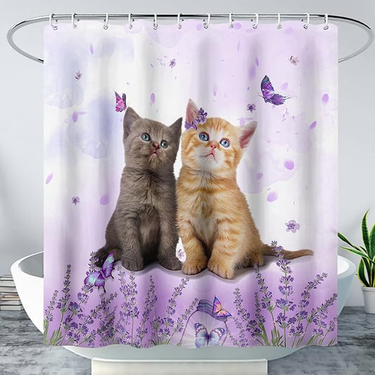AILONEN Cartoon Cat Shower Curtain, Kawaii Kittens with Purple Flower Shower Curtain for Kids Girls Boys Bathroom Decor,Cute Pet Cat Lover Waterproof Shower Curtains Sets with Hooks,48" W*72" H