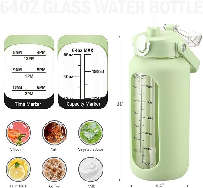 64 oz Glass Water Bottle with Straw and 2 Lids, Half Gallon Water Bottle with Sleeve, Large Insulated 2 Liter Glass Water Jug Time Marker with Handle - Green