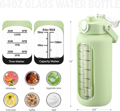64 oz Glass Water Bottle with Straw and 2 Lids, Half Gallon Water Bottle with Sleeve, Large Insulated 2 Liter Glass Water Jug Time Marker with Handle - Green
