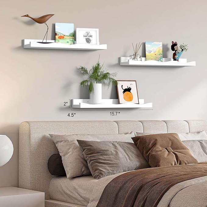 AZSKY Floating Bookshelf for Kids, Picture Ledge Shelf for Wall Decor and Storage 16 Inches Nursery Book Shelves Set 3, Baby Book Shelf for Kids Room Decor(White)